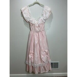 VTG 80s Roberta California Pink Satin Lace Cottagecore Dress Prairie Princess S